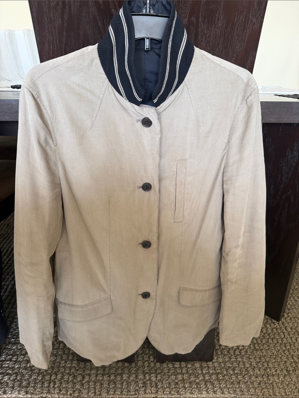 Armani Exchange Beige Jacket with Navy Ribbed Collar 2 Side Useful